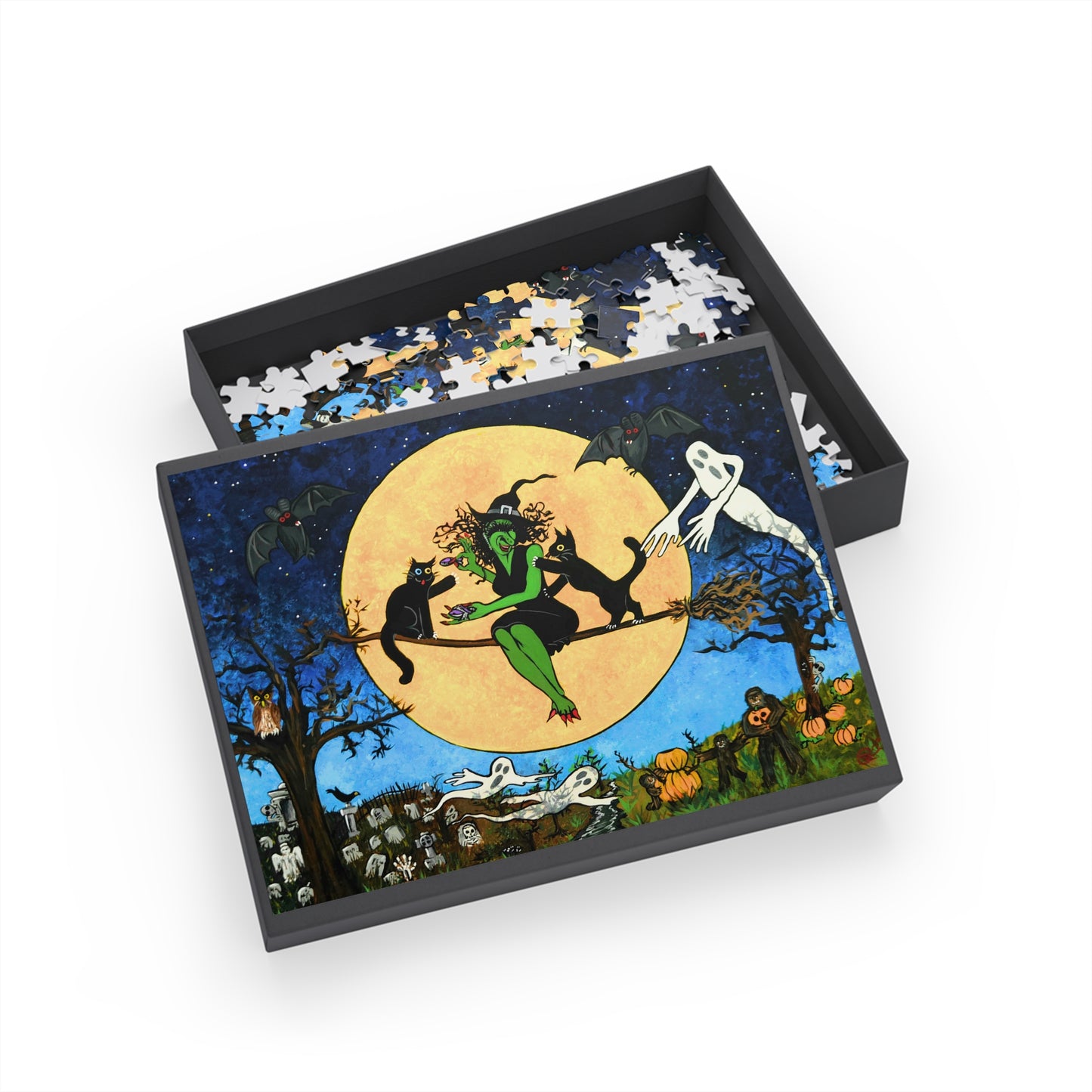 Witching Night Under a Yellow Moon With Friends Puzzle (96, 252, 500, 1000-Piece)