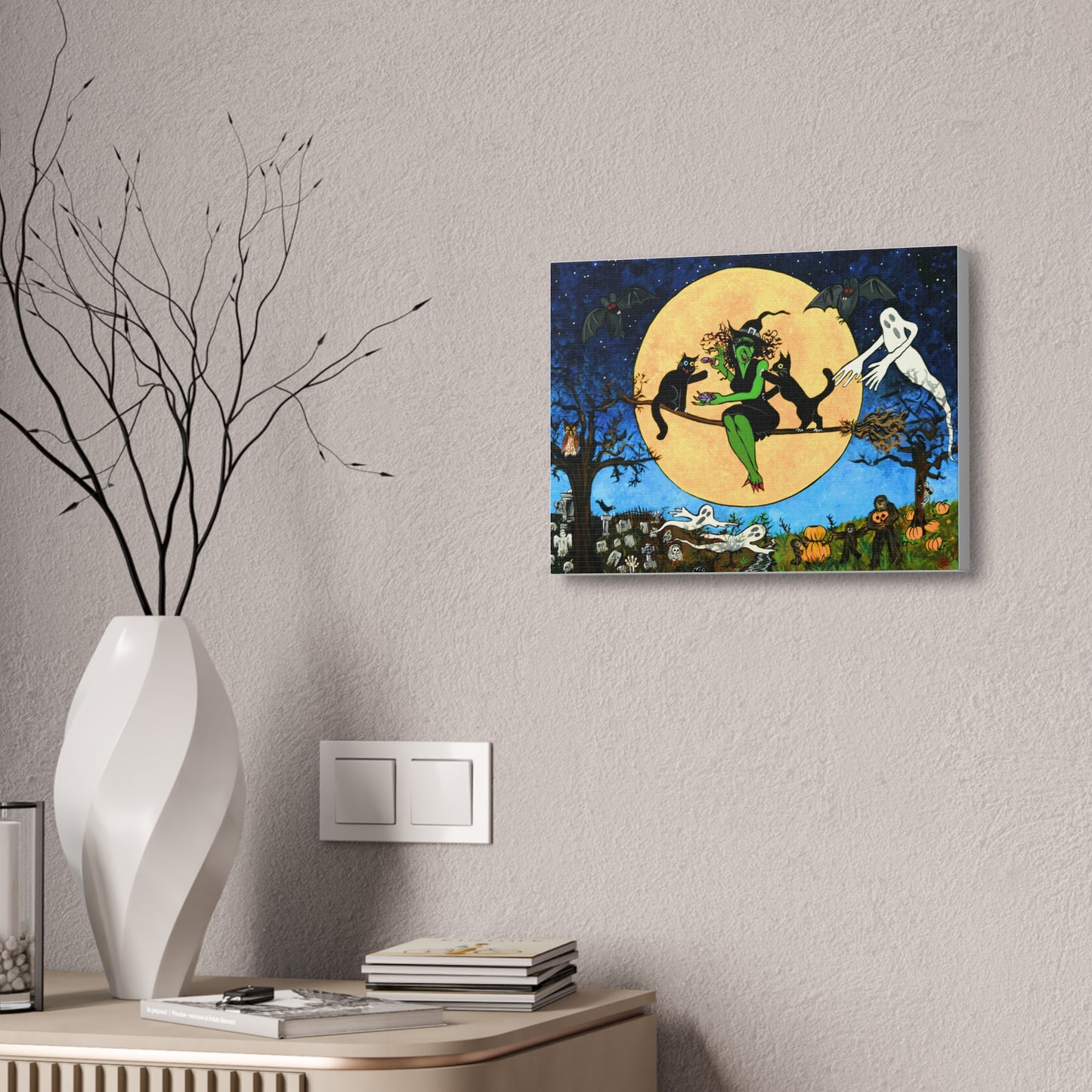 Halloween Witch Canvas Wall Art — Witching Night Under a Yellow Moon With Friends Stretched Canvas