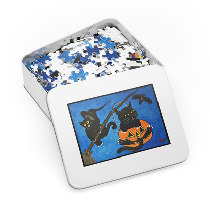 Halloween Black Cats Jigsaw Puzzle with Tin – Cute Pumpkins & Witch Hat Design