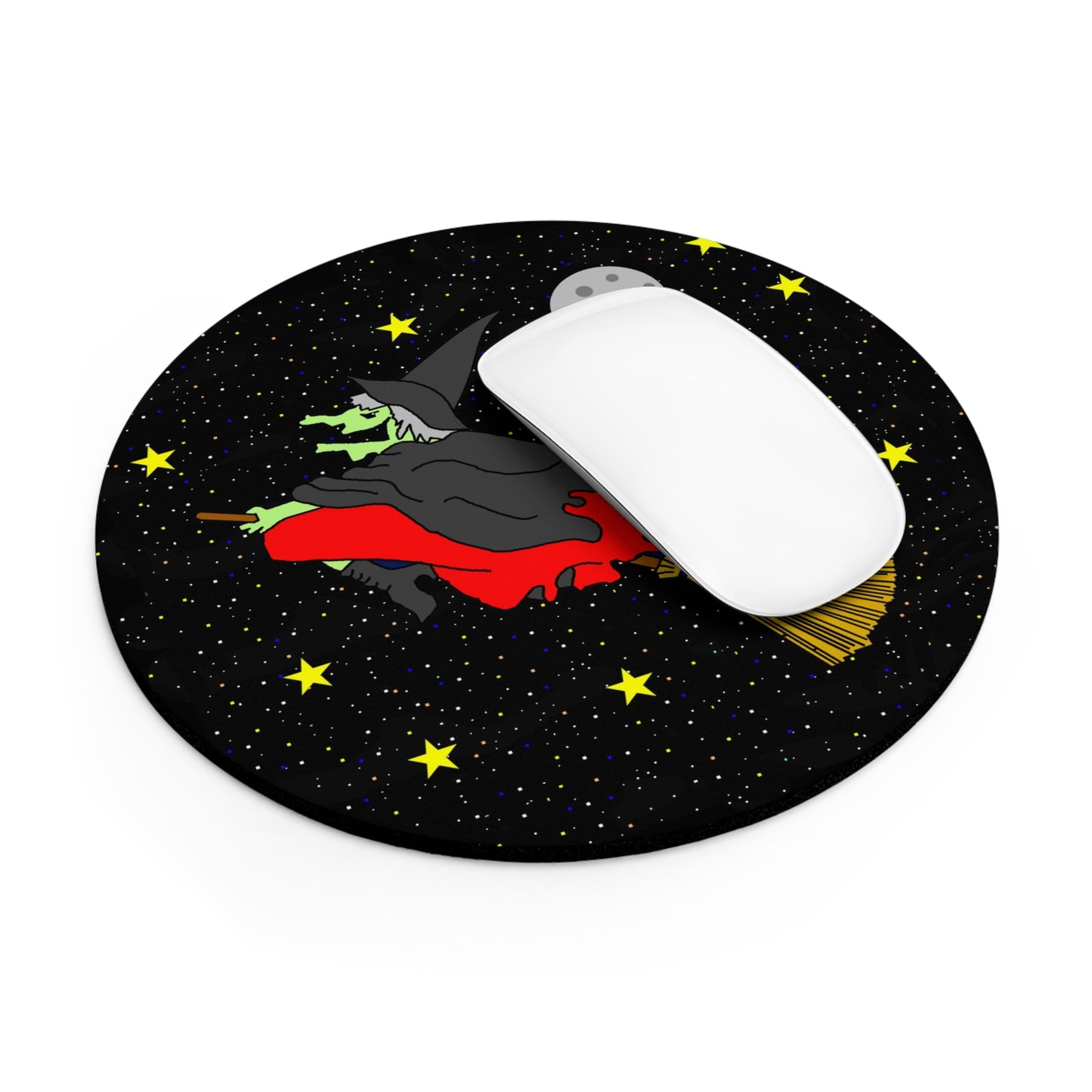 Witch Flying at Night Round Mouse Pad – Halloween Witchcraft Desk Mat