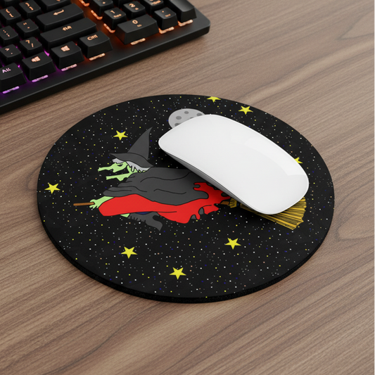 Witch Flying at Night Round Mouse Pad – Halloween Witchcraft Desk Mat