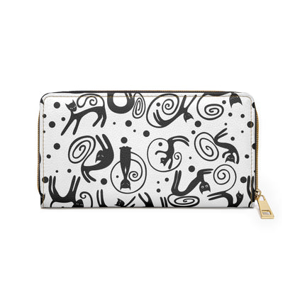 Cat Pattern Zipper Wallet — Black & White Whimsical Cat Design