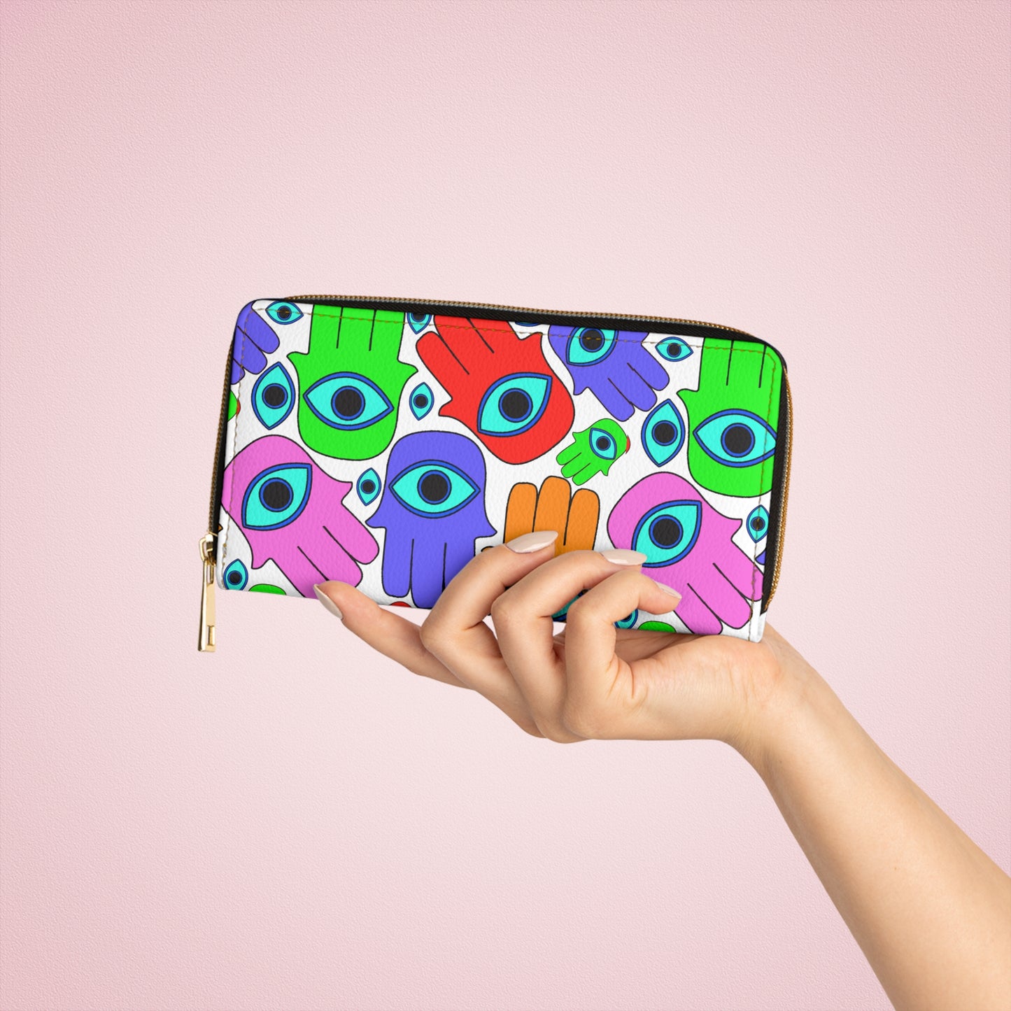 Evil Eye Hamsa Zipper Wallet — Colorful Protective Hand Pattern Wallet