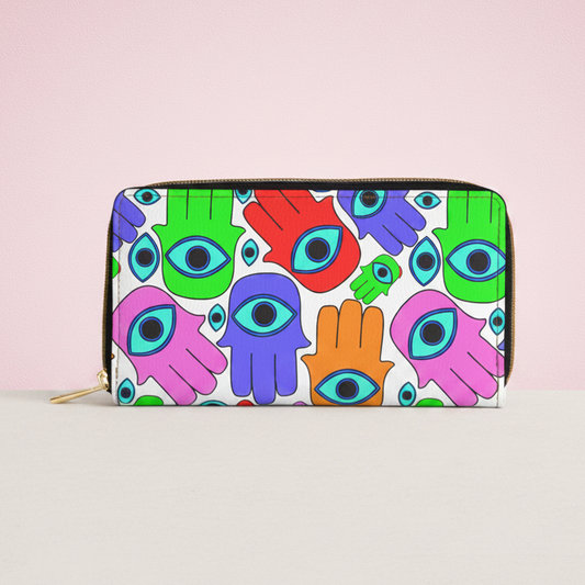 Evil Eye Hamsa Zipper Wallet — Colorful Protective Hand Pattern Wallet