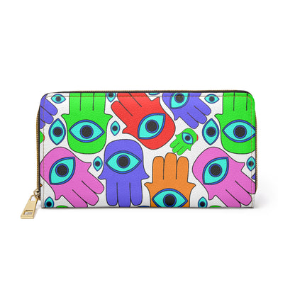 Evil Eye Hamsa Zipper Wallet — Colorful Protective Hand Pattern Wallet