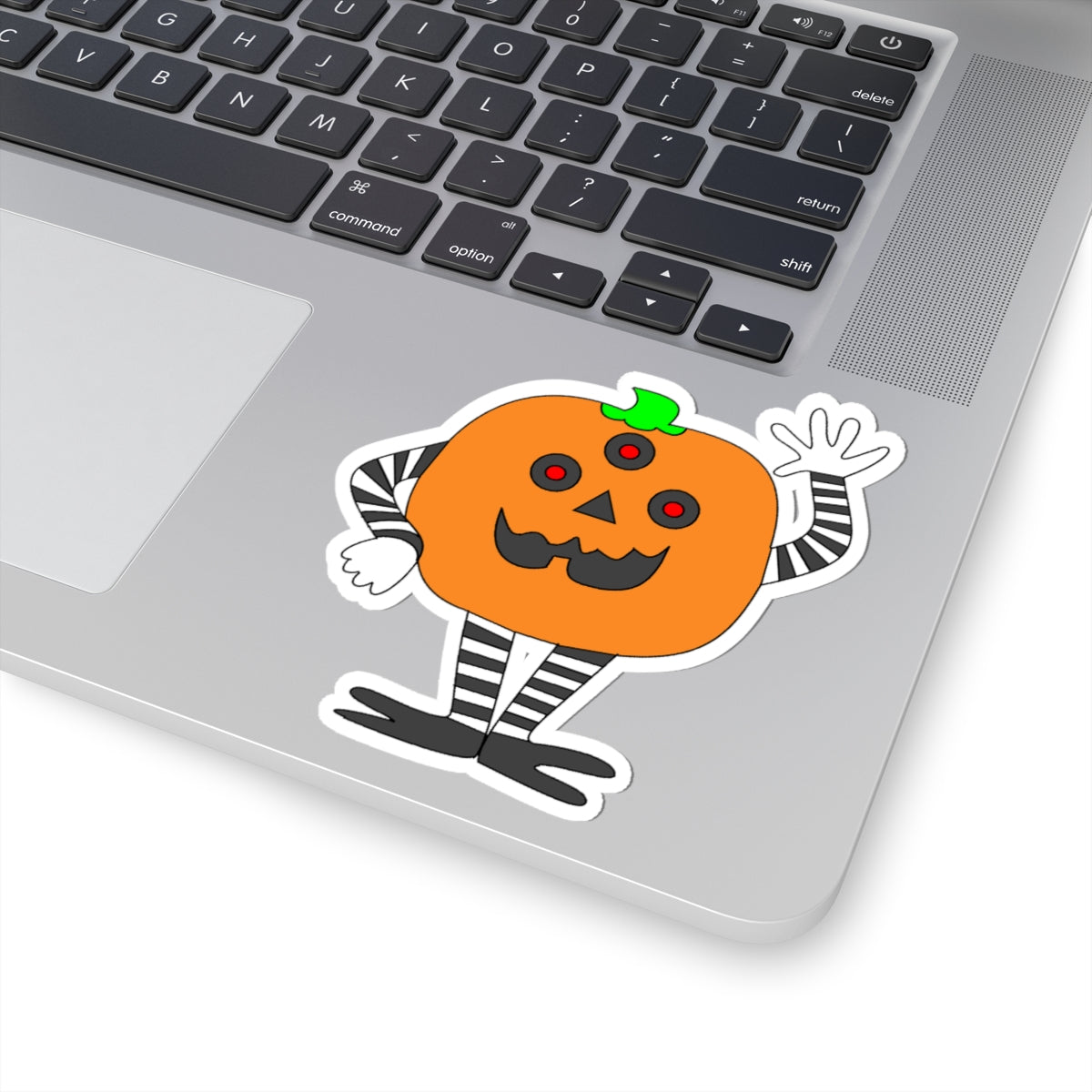 Cute Waving Pumpkin Kiss-Cut Sticker — Halloween Jack-O'-Lantern Decal