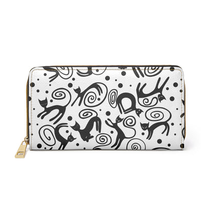 Cat Pattern Zipper Wallet — Black & White Whimsical Cat Design