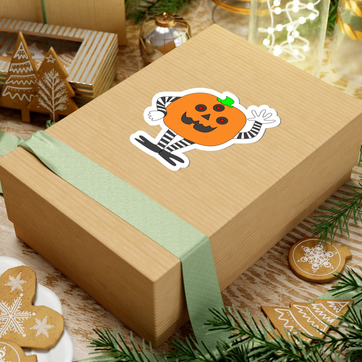 Cute Waving Pumpkin Kiss-Cut Sticker — Halloween Jack-O'-Lantern Decal