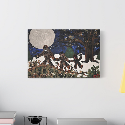 Moonlit Sasquatch Soirée Family Outing — Whimsical Bigfoot Wall Canvas Art (Ready to Hang)