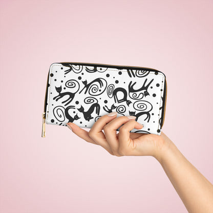 Cat Pattern Zipper Wallet — Black & White Whimsical Cat Design