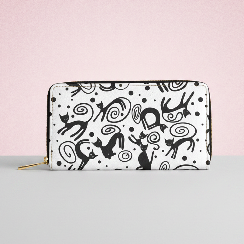 Cat Pattern Zipper Wallet — Black & White Whimsical Cat Design