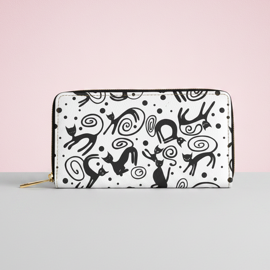 Cat Pattern Zipper Wallet — Black & White Whimsical Cat Design