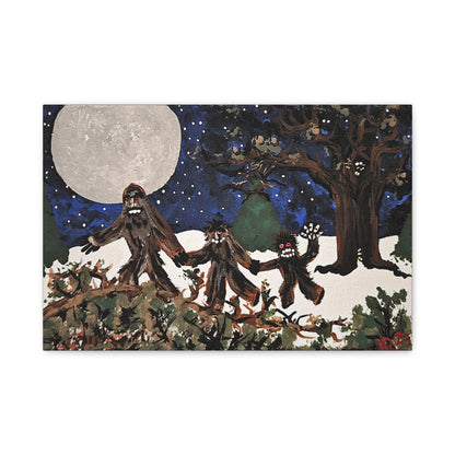 Moonlit Sasquatch Soirée Family Outing — Whimsical Bigfoot Wall Canvas Art (Ready to Hang)