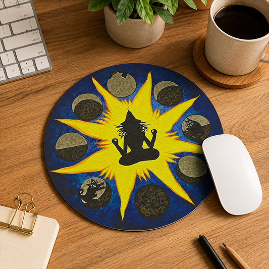 Meditation Moon Phases with Cats PU Leather Mouse Mat, Zen Yoga Silhouette Desk Pad