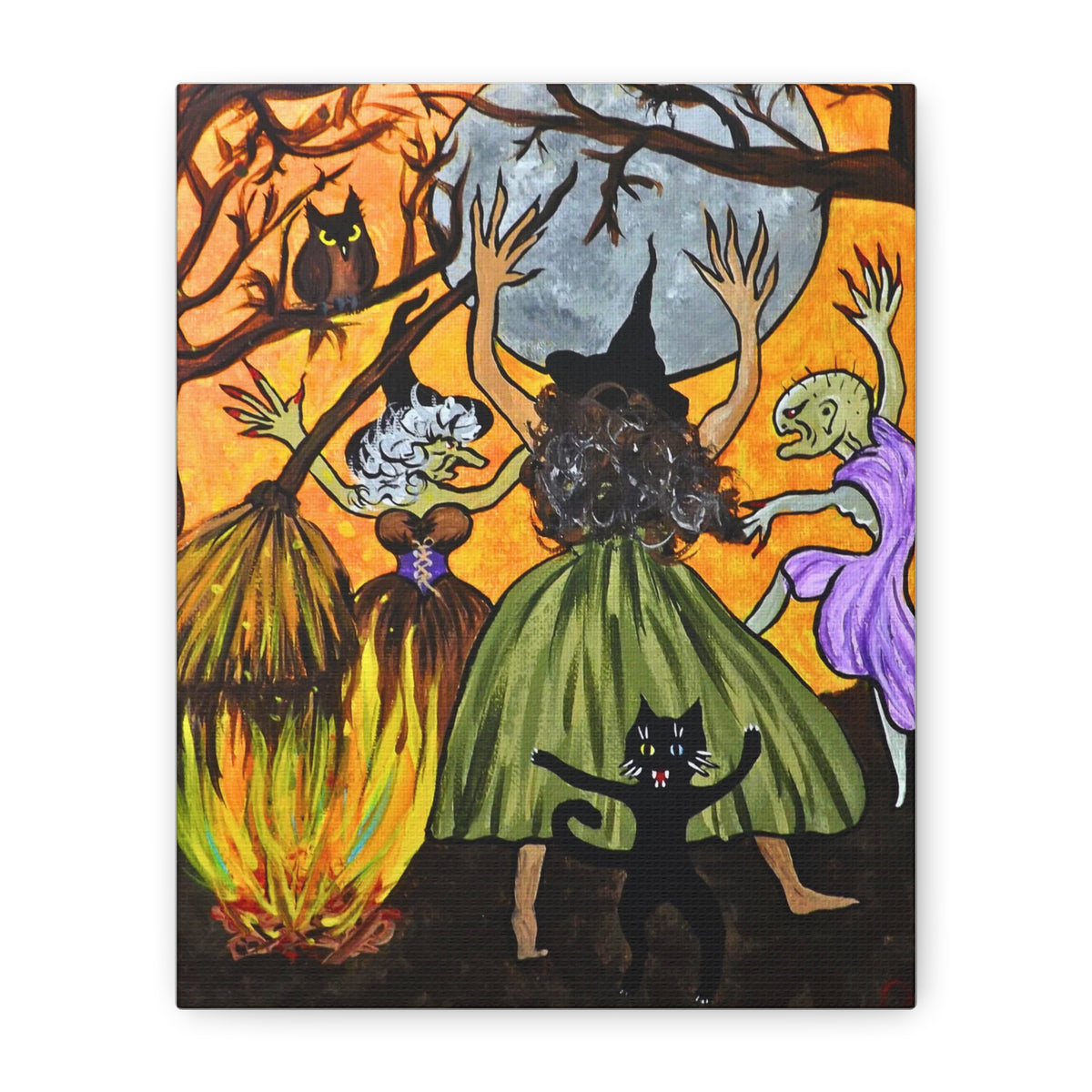 Trickster The Cat Dances with Witches at a Bonfire Matte Canvas, Stretched, 1.25"