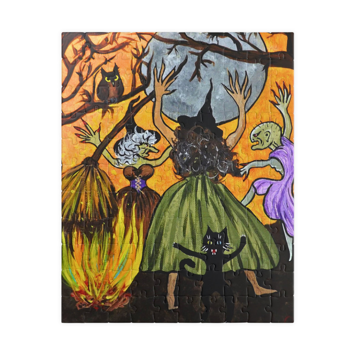 Trickster Dances with Witches at a Bonfire Jigsaw Puzzle