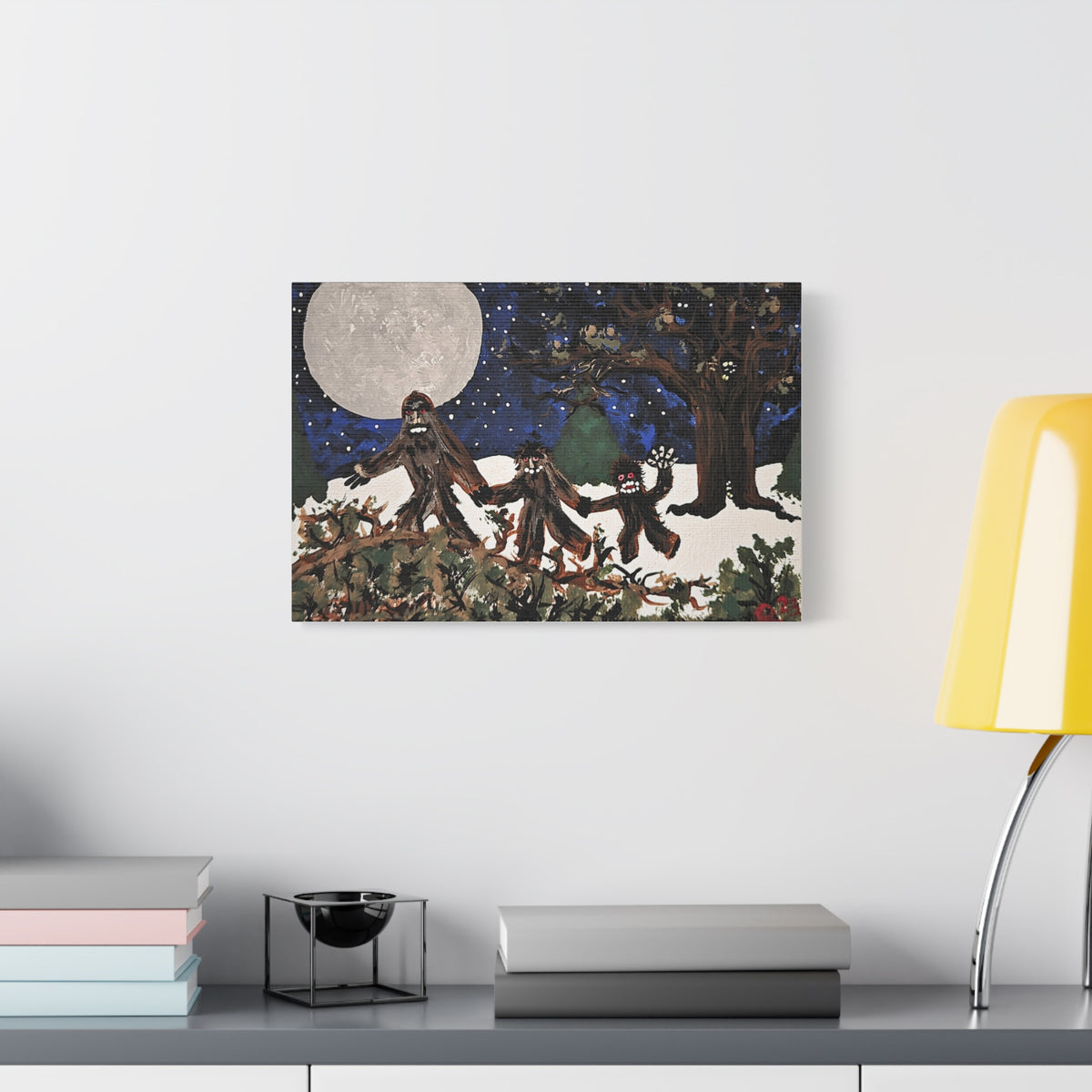 Moonlit Sasquatch Soirée Family Outing — Whimsical Bigfoot Wall Canvas Art (Ready to Hang)