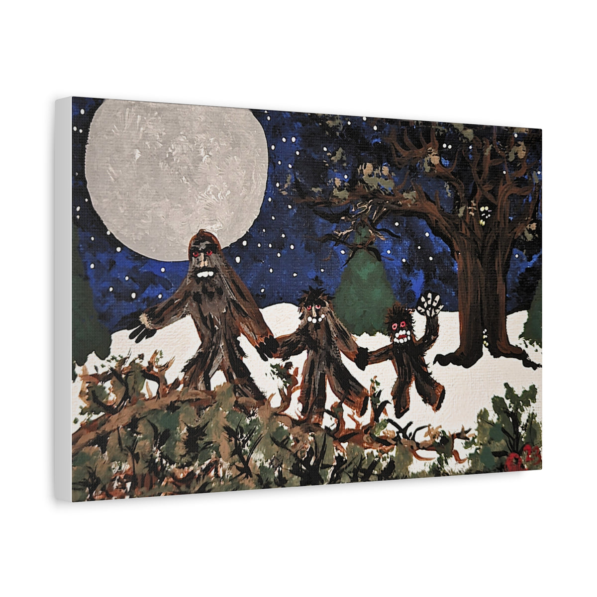 Moonlit Sasquatch Soirée Family Outing — Whimsical Bigfoot Wall Canvas Art (Ready to Hang)