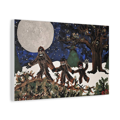 Moonlit Sasquatch Soirée Family Outing — Whimsical Bigfoot Wall Canvas Art (Ready to Hang)