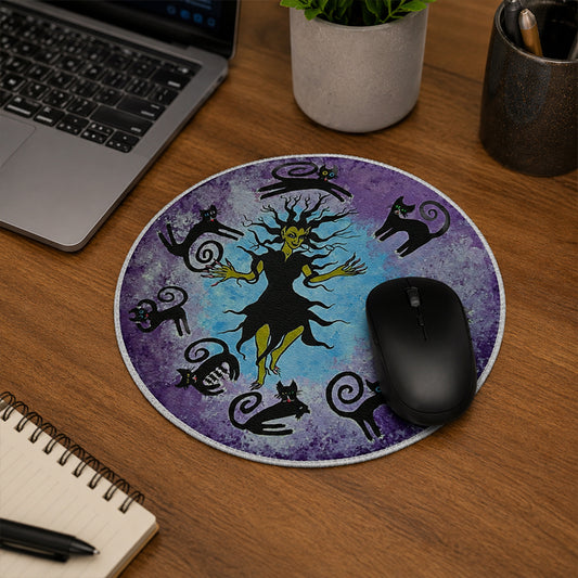 Sorceress witch & Black Cats Round PU Leather Mouse Mat, Halloween Desk Mousepad