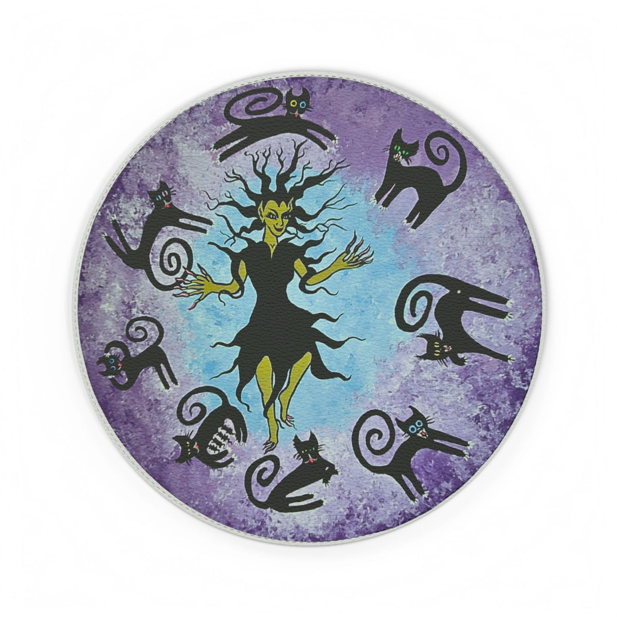 Sorceress witch & Black Cats Round PU Leather Mouse Mat, Halloween Desk Mousepad