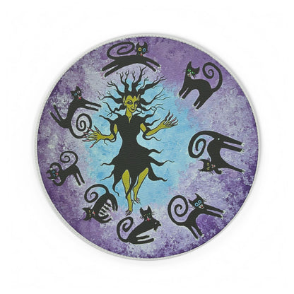 Sorceress witch & Black Cats Round PU Leather Mouse Mat, Halloween Desk Mousepad