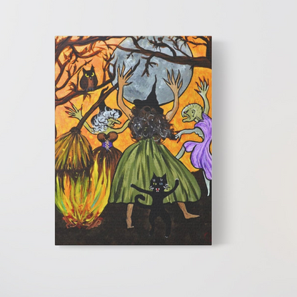 Trickster The Cat Dances with Witches at a Bonfire Matte Canvas, Stretched, 1.25"