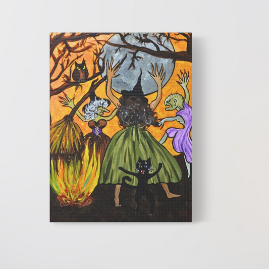 Trickster The Cat Dances with Witches at a Bonfire Matte Canvas, Stretched, 1.25"