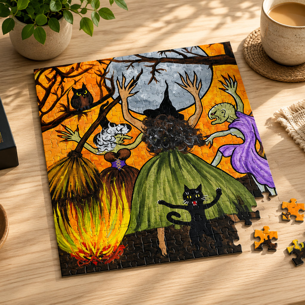 Trickster Dances with Witches at a Bonfire Jigsaw Puzzle