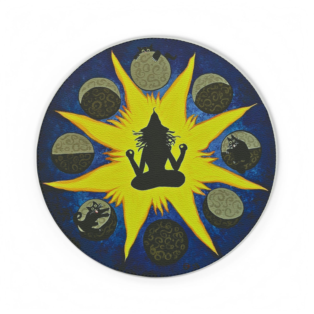 Meditation Moon Phases with Cats PU Leather Mouse Mat, Zen Yoga Silhouette Desk Pad