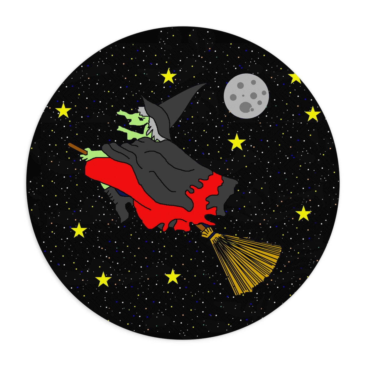Witch Flying at Night Round Mouse Pad – Halloween Witchcraft Desk Mat