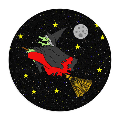 Witch Flying at Night Round Mouse Pad – Halloween Witchcraft Desk Mat