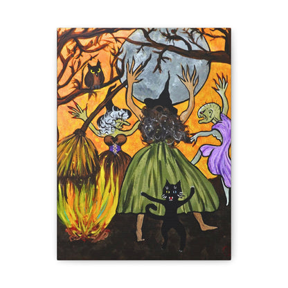 Trickster The Cat Dances with Witches at a Bonfire Matte Canvas, Stretched, 1.25"