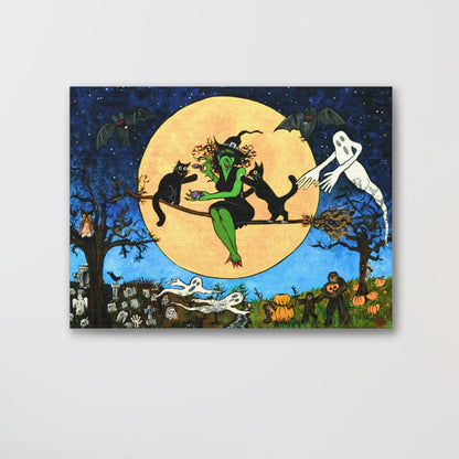 Halloween Witch Canvas Wall Art — Witching Night Under a Yellow Moon With Friends  Stretched Canvas