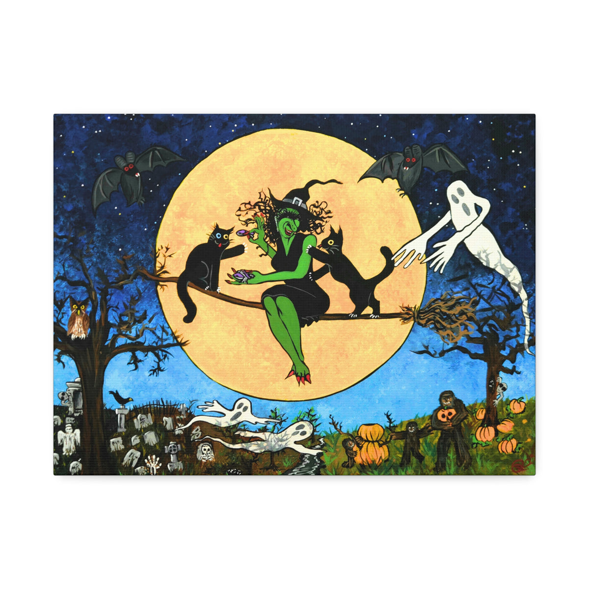 Halloween Witch Canvas Wall Art — Witching Night Under a Yellow Moon With Friends  Stretched Canvas