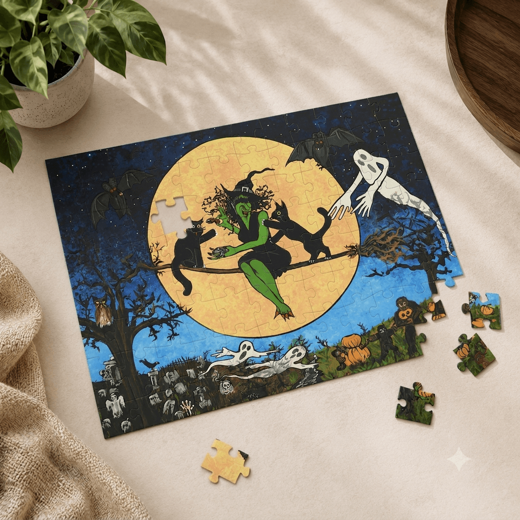 Witching Night Under a Yellow Moon With Friends  Puzzle (96, 252, 500, 1000-Piece)