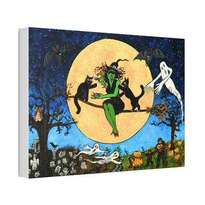 Halloween Witch Canvas Wall Art — Witching Night Under a Yellow Moon With Friends  Stretched Canvas