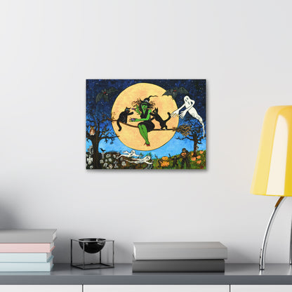 Halloween Witch Canvas Wall Art — Witching Night Under a Yellow Moon With Friends  Stretched Canvas