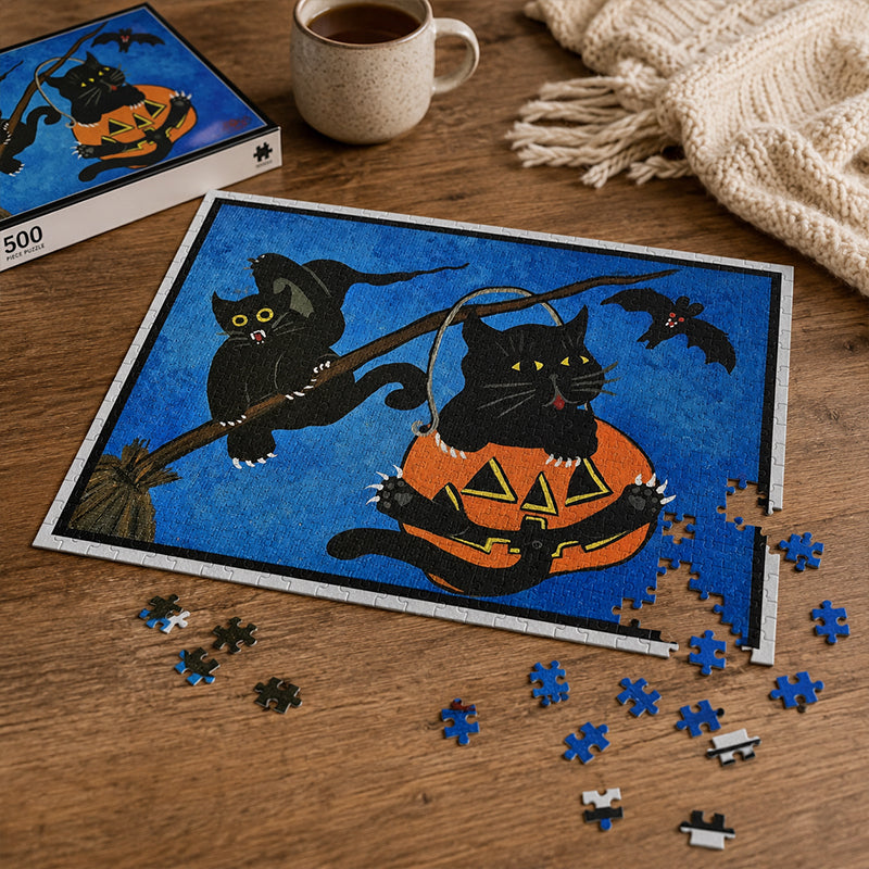 Halloween Black Cats Jigsaw Puzzle with Tin – Cute Pumpkins & Witch Hat Design