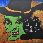 Witch and black cat illustration on canvas.