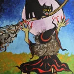 Witch flying with a cat on a broom.