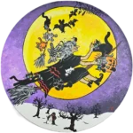 Witch flying with colorful cats and bats.