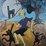 Witch dancing with three playful black cats.