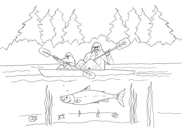 A drawing of two people in a canoe with fish.