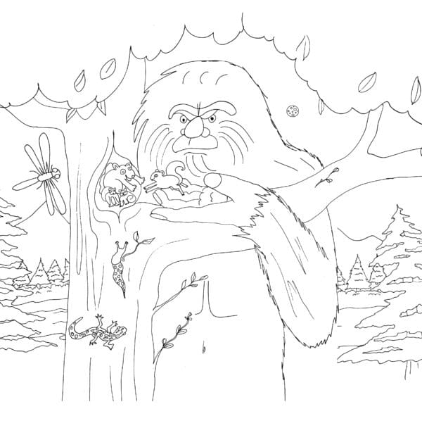 A drawing of a bigfoot with trees in the background.