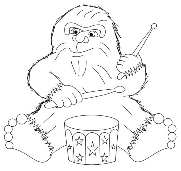 A drawing of a gorilla playing drums