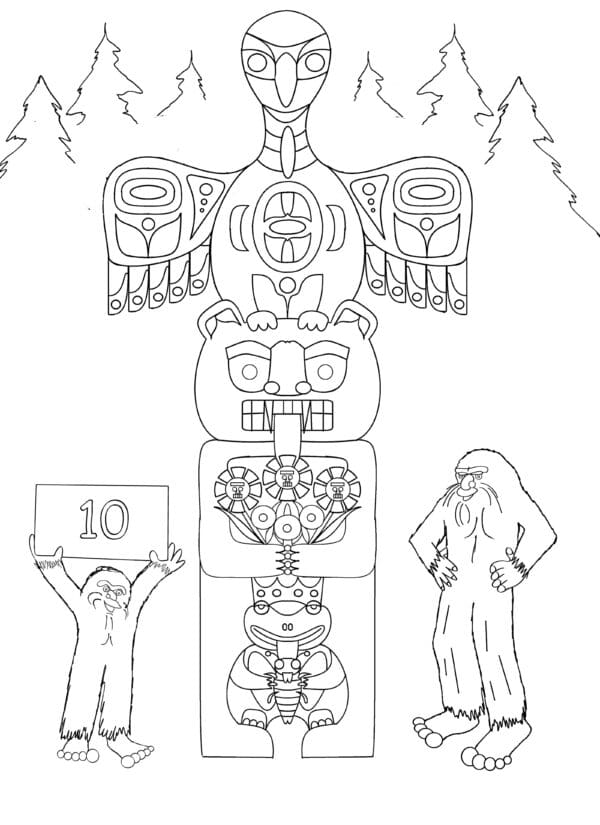 A black and white drawing of an indian totem pole.