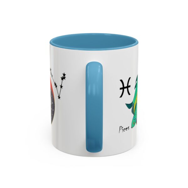 A blue and white mug with the words pisces on it.