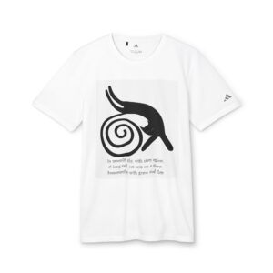 A white t-shirt with an image of a snail.