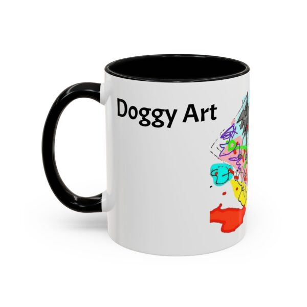 A black and white mug with the words doggy art on it.